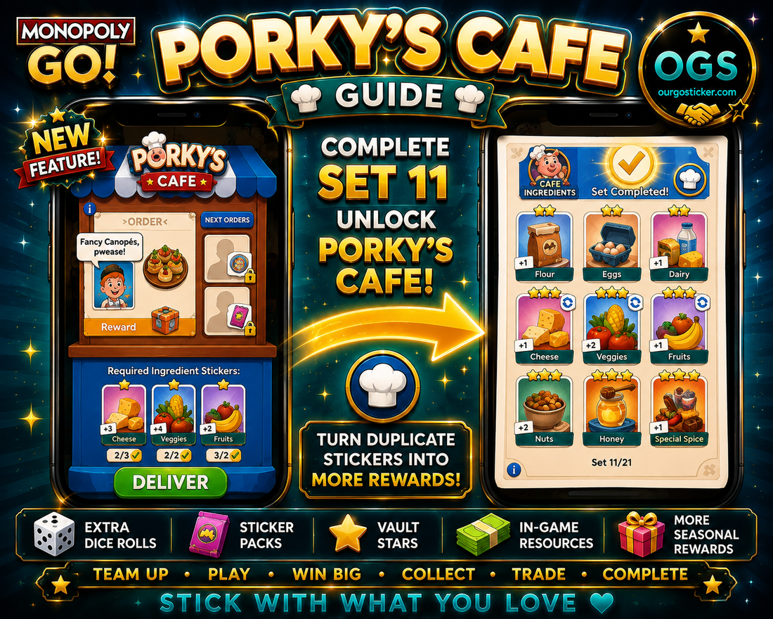 Monopoly GO Porky's Cafe guide showing Set 11 Cafe Ingredients and how to unlock Cafe Orders for extra rewards.