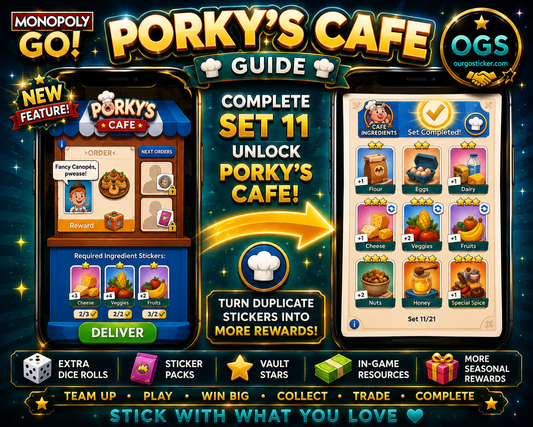 Monopoly GO Porky's Cafe guide showing Set 11 Cafe Ingredients and how to unlock Cafe Orders for extra rewards.