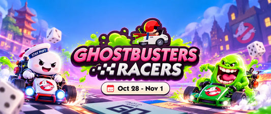 Monopoly GO Ghostbusters Racers 2026 event banner featuring Stay Puft and Slimer racing, October 28 to November 1