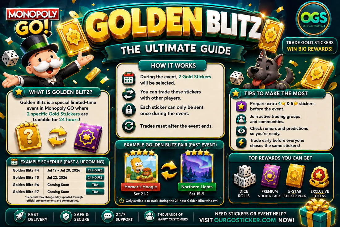 Monopoly GO Golden Blitz Guide 2026 banner featuring Gold Sticker trading, event schedule, expert tips, rewards, and OurGoSticker logo.