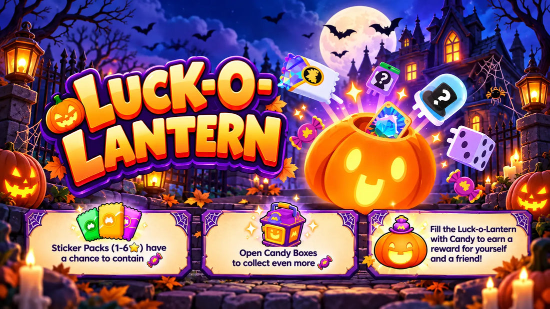 Monopoly GO Luck-O-Lantern guide showing Candy, sticker packs and Halloween rewards