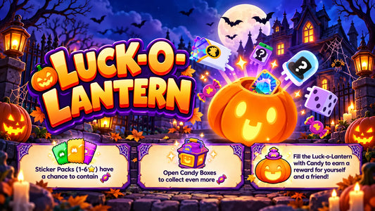 Monopoly GO Luck-O-Lantern guide showing Candy, sticker packs and Halloween rewards