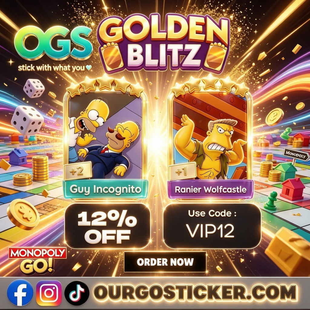 Guy Incognito and Ranier Wolfcastle 5-Star Gold Stickers for Monopoly GO