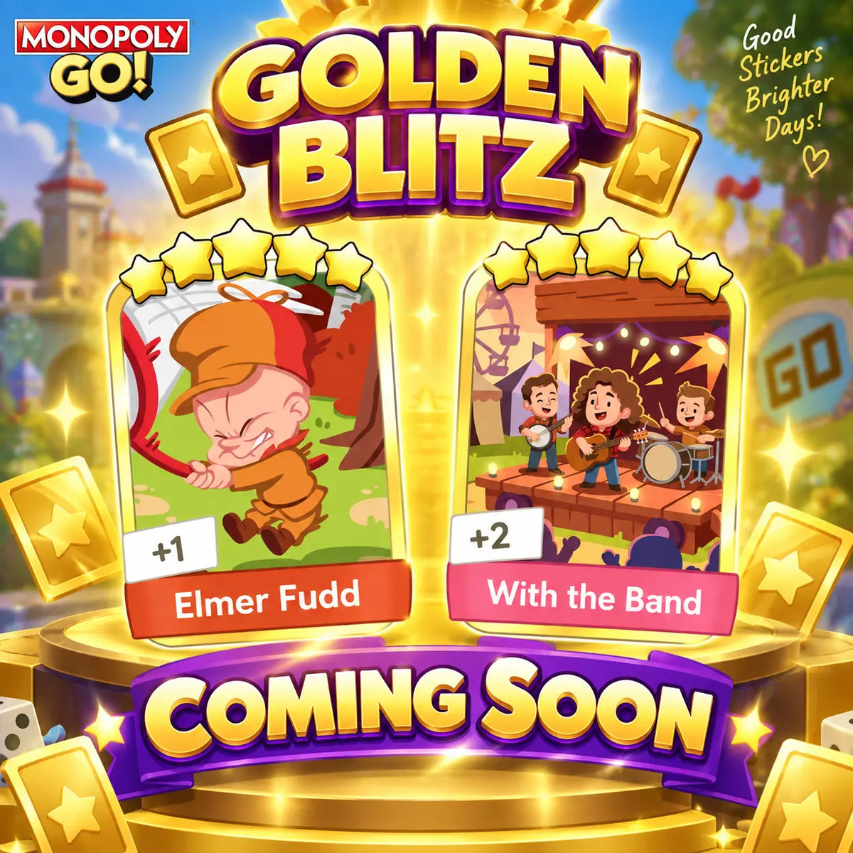 Golden Blitz Coming Soon - Elmer Fudd and With the Band Gold Stickers