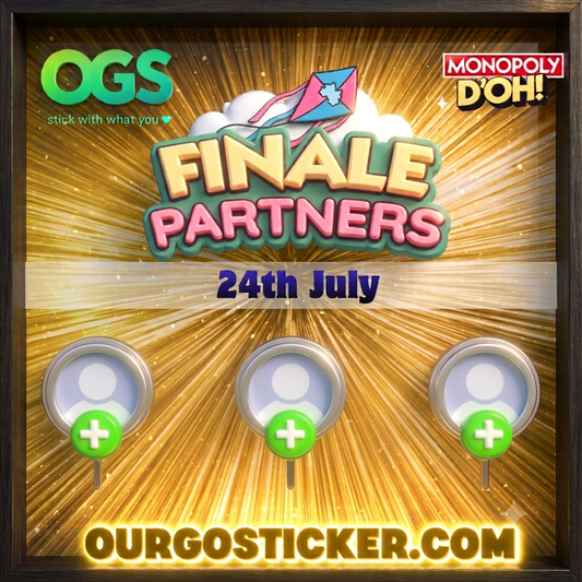 A square promotional graphic with a dark wood frame border, featuring the text 'OGS stick with what you' and 'Monopoly D'Oh!' on a gold burst background, with 'FINALE PARTNERS' and the date '24th July' in large stylized lettering. Three circular placeholder sticker areas are shown at the bottom, along with 'OURGOSTICKER.