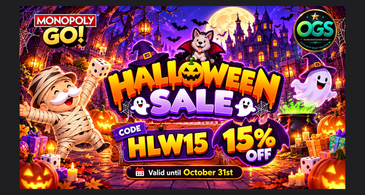 Monopoly GO Halloween Sale 2026 at OurGoSticker – Save 15% with promo code HLW15 until October 31, featuring Halloween pumpkins, ghosts and Monopoly GO rewards.