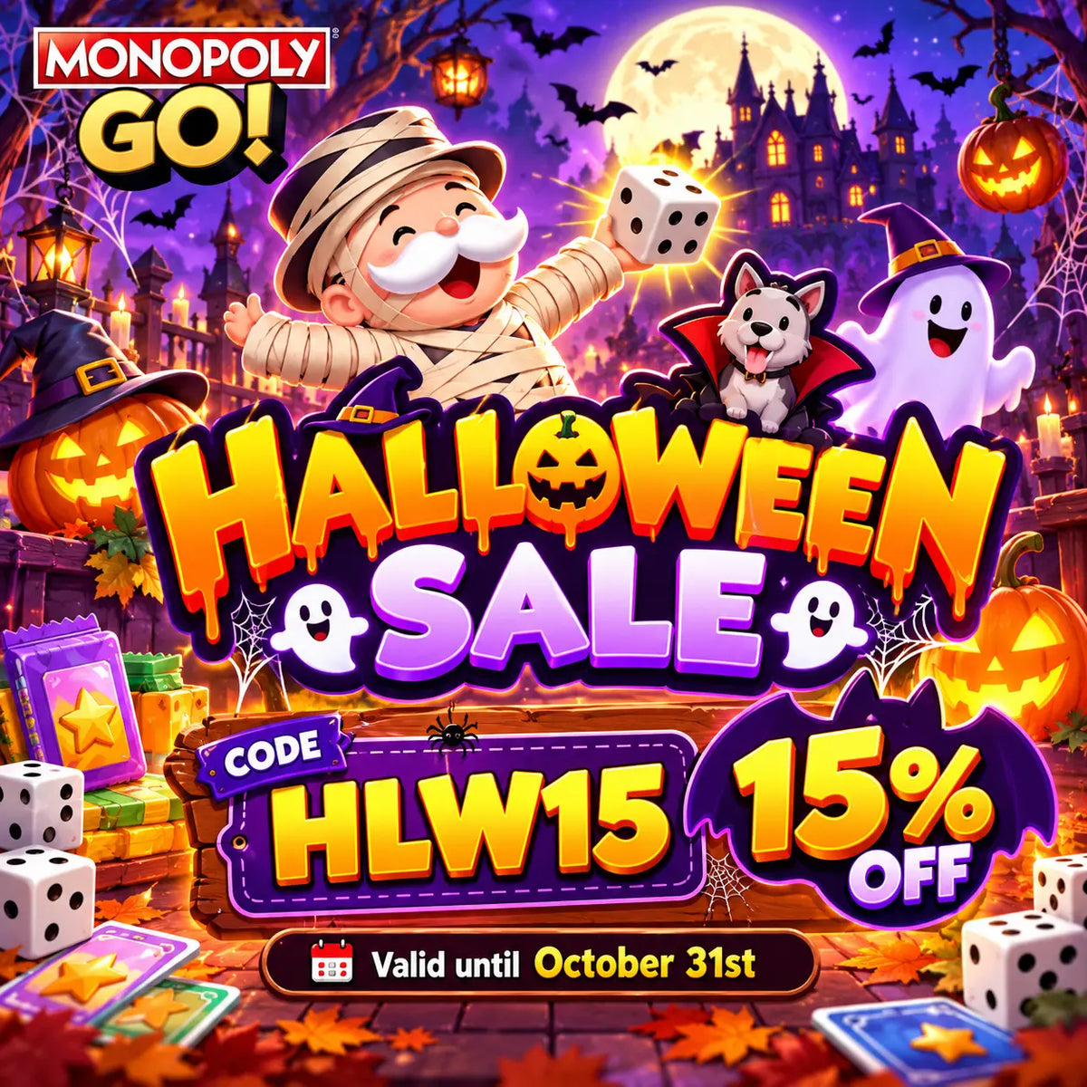 Monopoly GO Halloween Sale 2026 – Get 15% OFF with code HLW15 at OurGoSticker. Offer valid until October 31.
