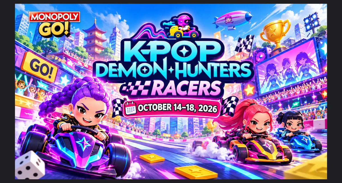 Monopoly GO KPOP Demon Hunters Racers Event October 14–18, 2026, featuring colorful racing teams and Tycoon Racers rewards.