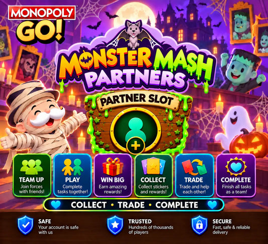 Monopoly GO Monster Mash Partners 1 Slot service featuring Halloween partner event artwork, team-up rewards, and partner slot options at OurGoSticker.