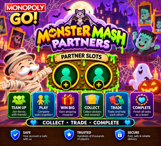 Monopoly GO Monster Mash Partners 2 Slots service featuring Halloween partner event artwork, team-up rewards, and partner slot options at OurGoSticker.