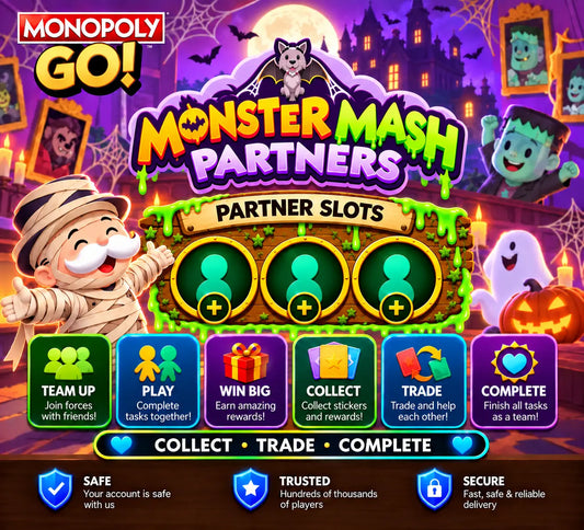 Monopoly GO Monster Mash Partners 3 Slots service featuring Halloween partner event artwork, team-up rewards, and partner slot options at OurGoSticker.