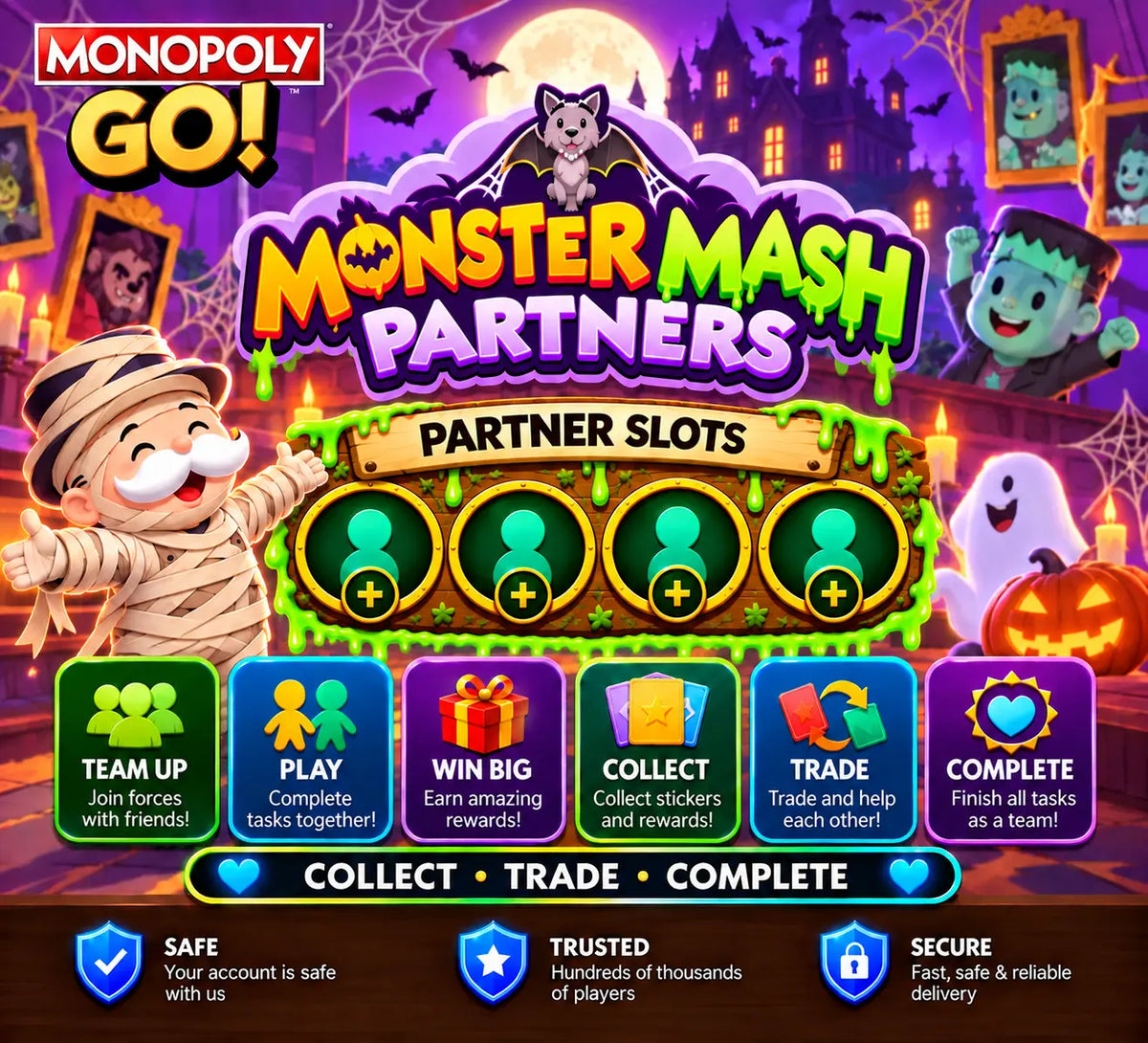 Monopoly GO Monster Mash Partners 4 Slots service featuring Halloween partner event artwork, team-up rewards, and partner slot options at OurGoSticker.
 