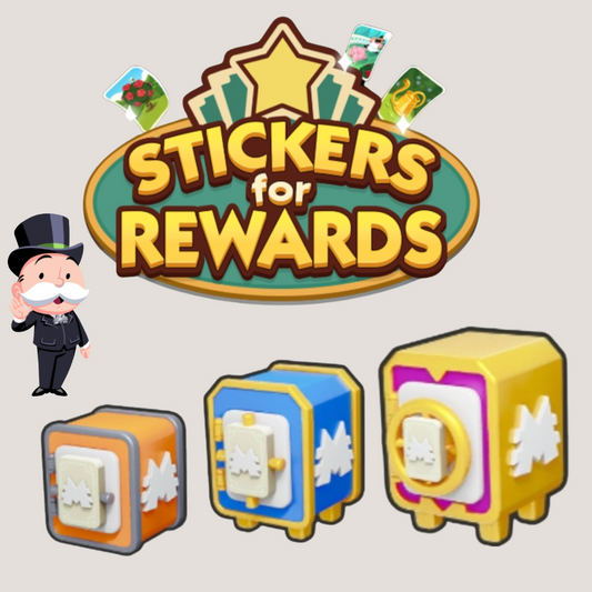 Colorful Monopoly Go sticker featuring dice and reward safes for gaming enthusiasts to buy Monopoly Go sticker, dice