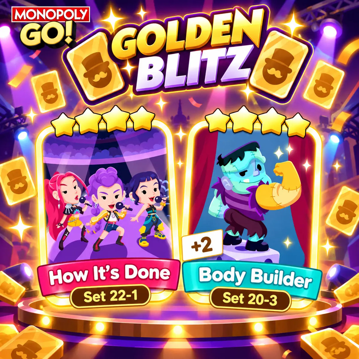 Monopoly GO Golden Blitz featuring How It's Done (Set 22-1) and Body Builder (Set 20-3) four-star gold stickers at OurGoSticker.