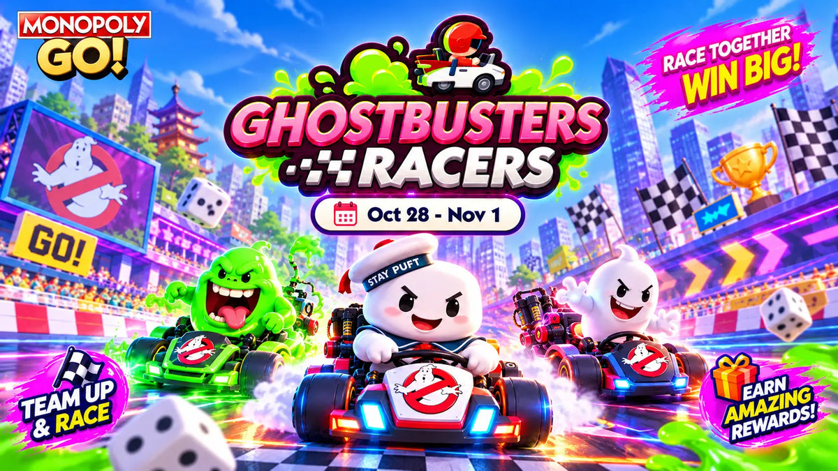 Monopoly GO Ghostbusters Racers 2026 event banner featuring Stay Puft and Slimer, October 28 to November 1.