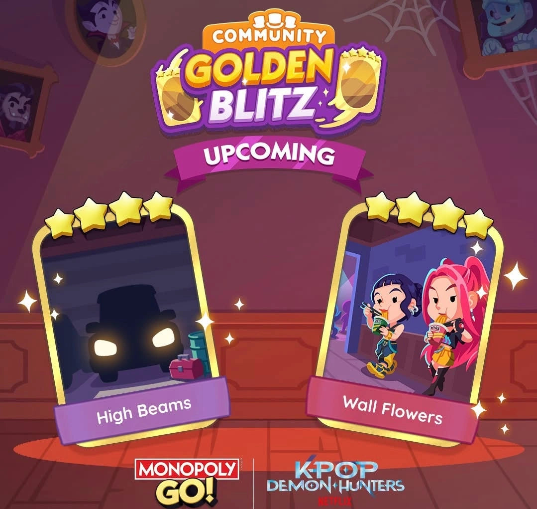 Monopoly GO Golden Blitz 2026 upcoming event featuring High Beams (Set 16-7) and Wall Flowers (Set 17-6) five-star golden stickers from the KPop Demon Hunters album.