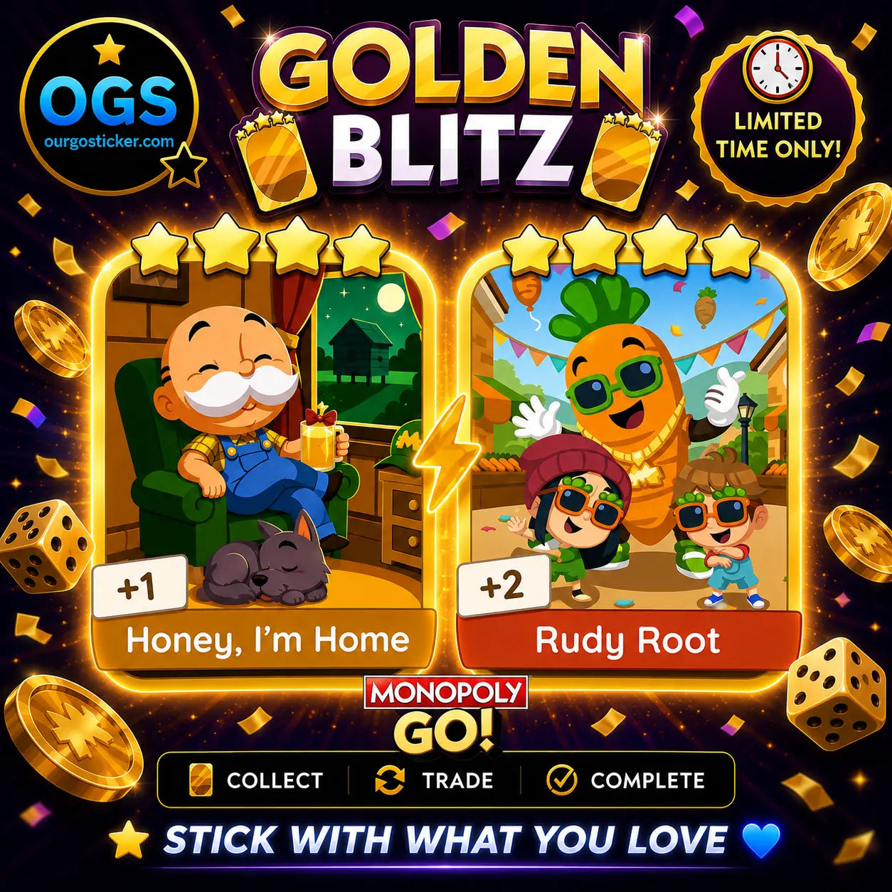 Monopoly GO Golden Blitz Honey I'm Home and Rudy Root Gold Stickers Square Banner | OurGoSticker