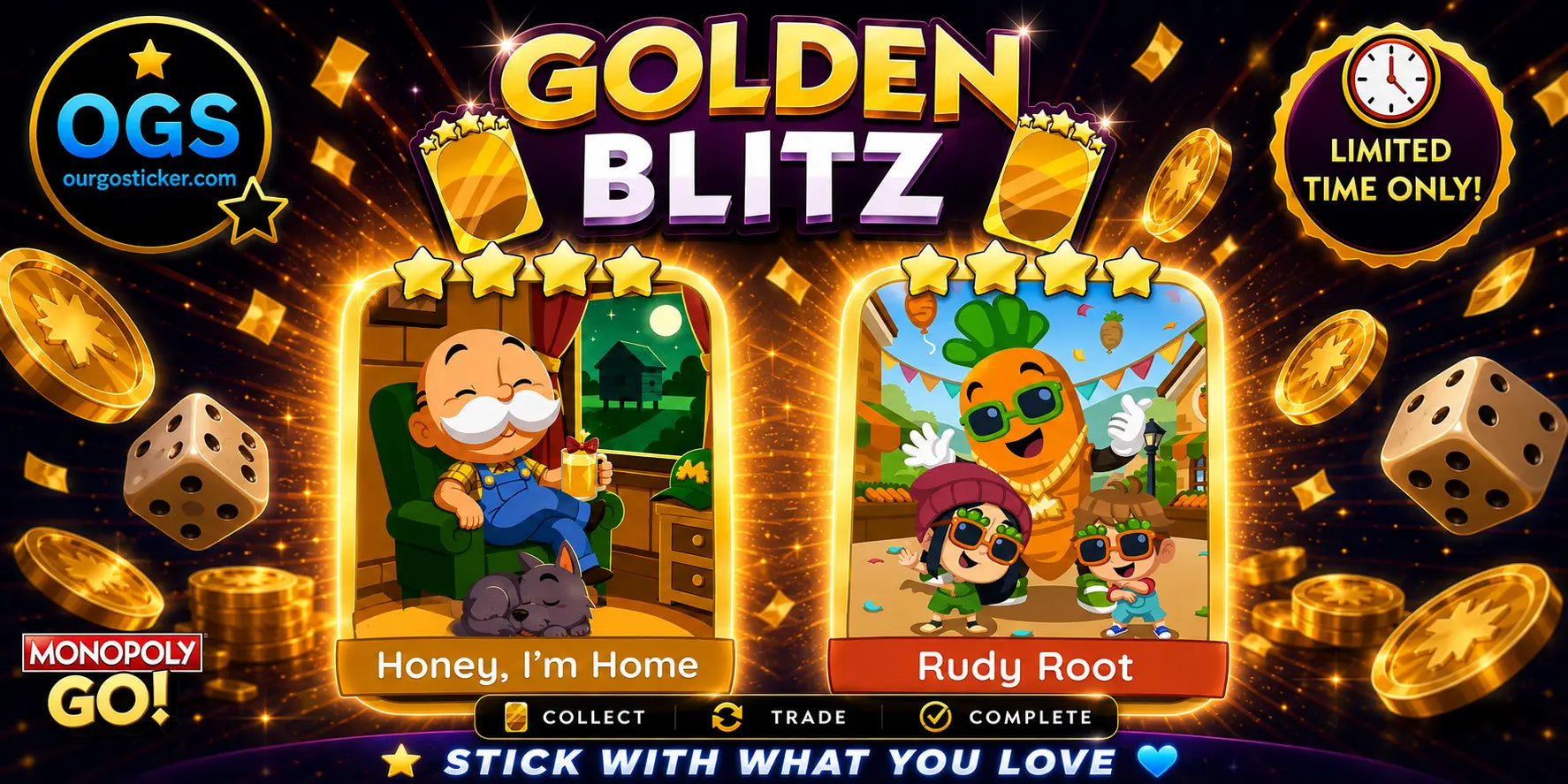 Monopoly GO Golden Blitz Honey I'm Home and Rudy Root Gold Stickers | OurGoSticker