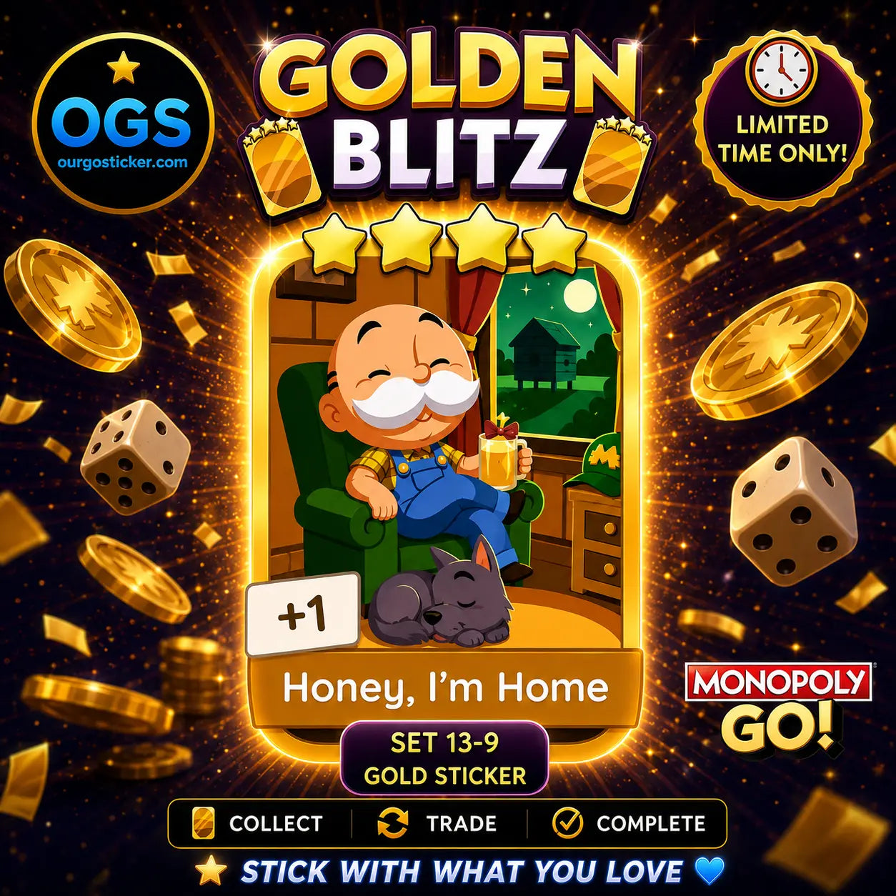 Monopoly GO Honey I'm Home Set 13-9 4 Star Gold Sticker | OurGoSticker