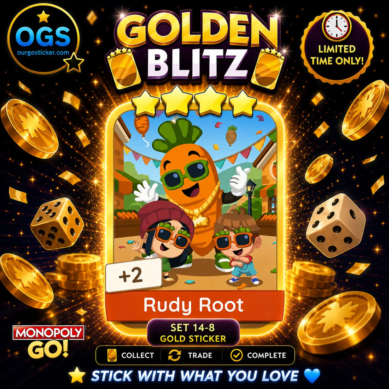 Monopoly GO Rudy Root Set 14-8 4 Star Gold Sticker | OurGoSticker