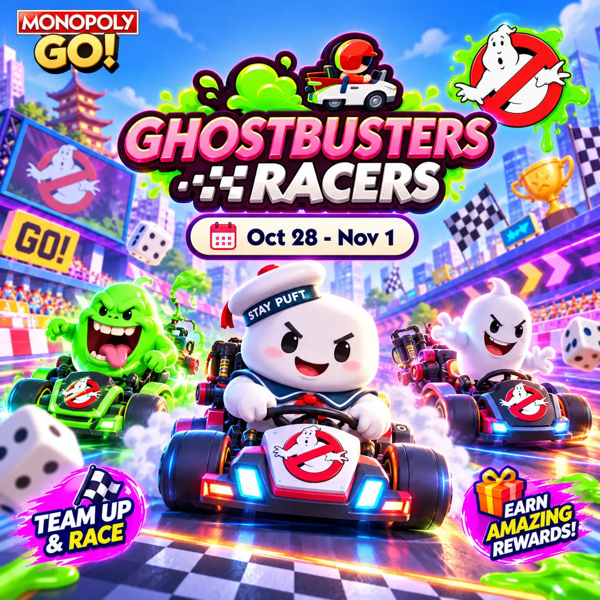 Monopoly GO Ghostbusters Racers 2026 event, October 28 to November 1, featuring Stay Puft and Slimer racing for championship rewards.