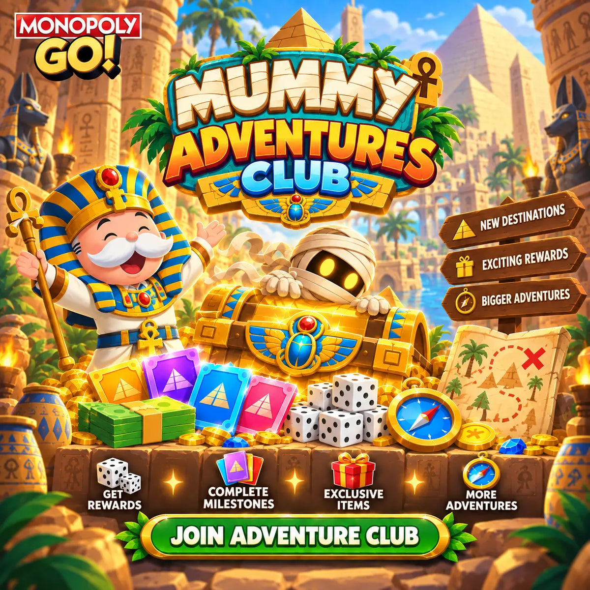 Monopoly GO Mummy Adventures October 7-11 event featuring Egyptian treasure, mummy and Pharaoh
